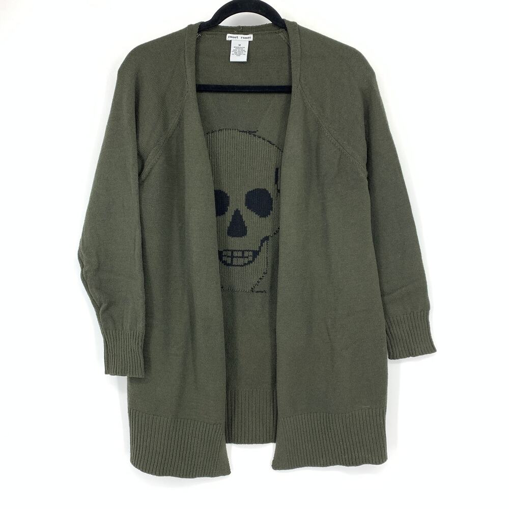 Sweet Romeo Open Front Cardigan Skull Sweater Womens Sz M Olive Green Black